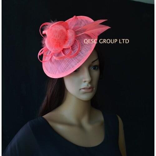 NEW Coral pink Sinamay Fascinator hat with arrow feather for wedding,Kentucky Derby,Ascot Races,Melbourne Cup,Party