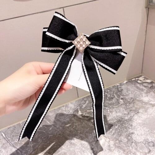 Striped Bow Tie Brooch Fashion Korean College Style Rhinestone Pearl Ribbon Hair-pin Collar Flower Womens Clothing Accessories