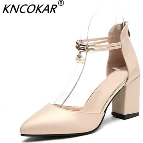 Summer Baotou High-heeled sandals Womens fashion pointed thick-heeled Back zipper ladies sandals 7.5CM