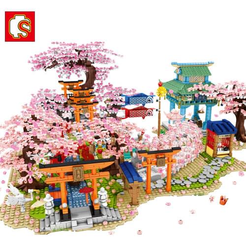 SEMBO Sakura Blocks Creator City Cherry Blossom Japanese Sakura Tree House Mini Street View Model Building Blocks Children Toys
