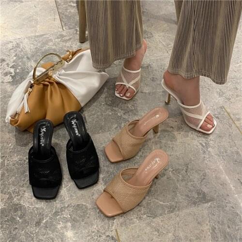 Fashion Women Slippers Slip On Thin High Heels Open Toe Slides Hollow Sandals Slippers Wedding Party Mules Gladiator Slippers