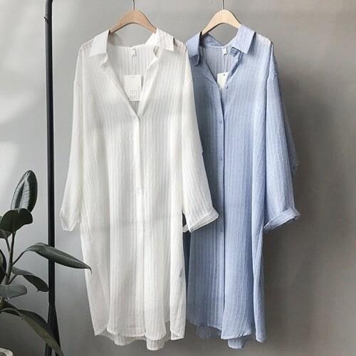 Thin Lightweigth Chiffon Long Women Shirts Summer New 2021 Straight Loose Elegant Office Lady Outwear Coats Tops