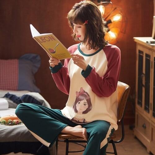 Spring Cartoon Sweet Lady Cotton Pajamas Women Full Sleeve Winter Household Sets