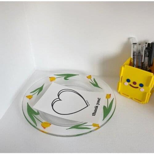 Nordic Ins Yellow Tulip Glass Plate Retro Simple Salad Dishes Dessert Plate Stands For Cakes Snack Tray Wedding Plates