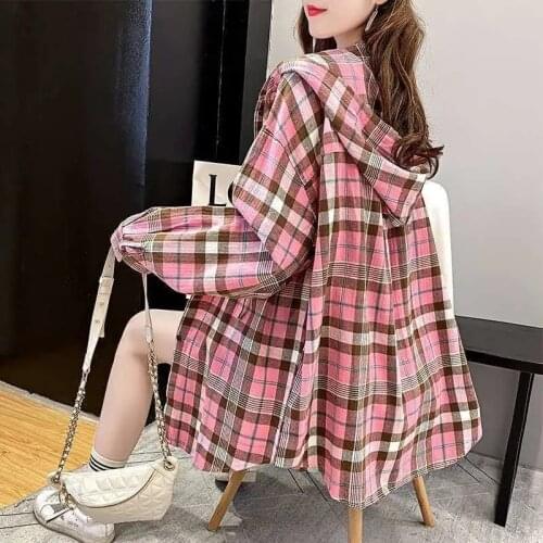 Women Oversized Plaid Boyfriend Style Shirt Vintage fashion Long Sleeve Chic Female Casual Loose Hooded Blouse 2021 New Top
