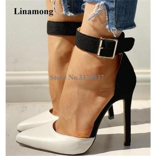 Women Elegant Fashion Pointed Toe Stiletto Heel Pumps Ankle Strap Buckle White Patchwork High Heels Formal Dress Shoes