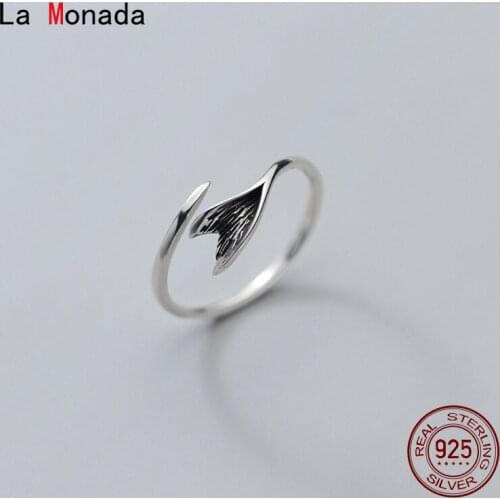 La Monada 52-57mm Black Fish Tail Fashion Rings Female Women Real 925 Silver Ring For Girls Minimalist Adjustable Ring On Finger