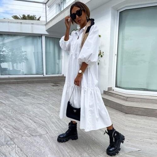 Women Casual Solid Color Shirt Dress Femme Ladies Half Sleeve Fashion Retro Ruffle 2021 Mid-sleeve Lapel Large Loose Long Skirt