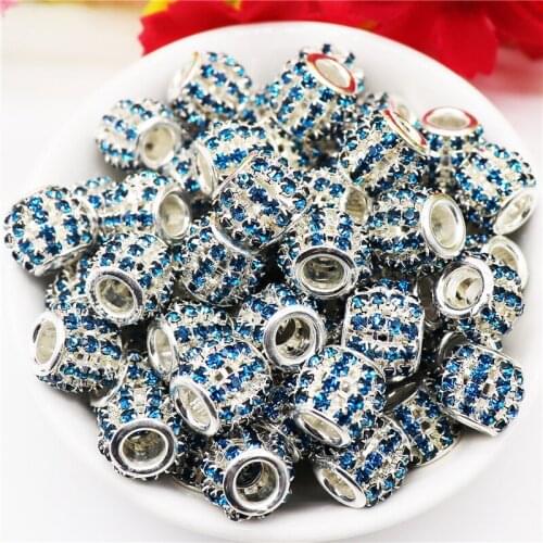 10Pcs Blue Color Crystal Ball Rondelle Spacer Beads Large Hole Muranos Fit Pandora Charms Bracalet Bangle Key Chains DIY Crafts