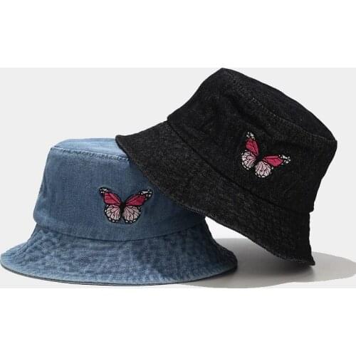 2020 NEW Butterfly Embroidery Washed Denim Bucket Hats Unisex Fashion Bob Caps Hip Hop Gorros Men Women Panama Bucket Cap