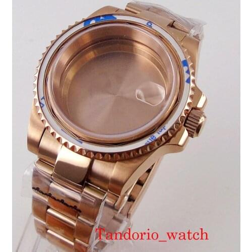 Watch Case 40mm 10ATM Diving Rose Gold Plated Sapphire Glass 120Clicks For NH35A NH36A Oyster Bracelet Solid Back