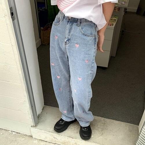 2021 New Jeans Vintage Heart Shaped Embroidery Streetwear High Waist Wide Leg Pants Baggy Harajuku Straight Denim Trouser