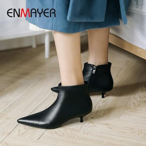 ENMAYER 2020 Elegant Pointed Toe Ankle Boots for Women Thin Heel Winter Boots Women Genuine Leather Slip-On Women Winter Shoes