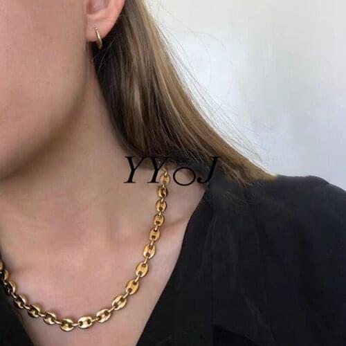 Coffee bean bold chunky chain necklace for women stainless steel gold plated minimalist punk hip-hop sweater necklace cool
