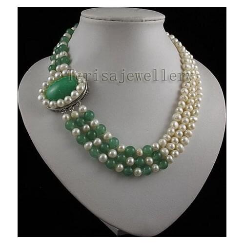 Terisa Pearljewelry AA 7-8mm White Color Natural Freshwater Pearl Necklace Green Stone Jewelry 3Rows Fashion Ladys Pearl