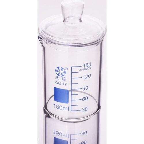 Beaker in low form with spout,Capacity 150ml,Outer diameter=60mm,Thickness=2.8mm,Height=87mm,Laboratory beaker