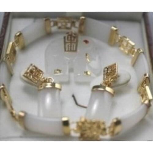7.5" white jade Elephant pendant bracelet earring set AAA+02