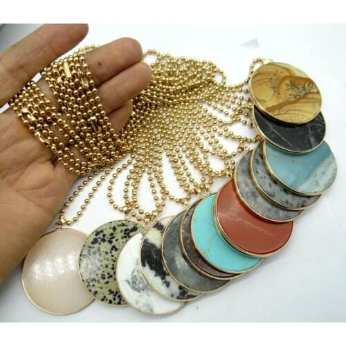 Natural stone tiger eye Quartz Crystal Turquoises lapis Round cake pendant for diy Jewelry making necklace Accessories1PCS