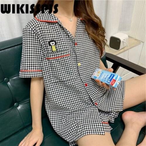 2021 Summer New Cartoon Mini Plaid Suit Short Sleeve Shorts Casual Home Wear Two Piece Set Summer Sleep Tops Lounge Wear