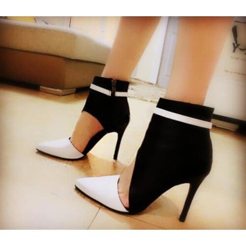 New Arrival White And Black Faux Leather Women Pointy Toe Ankle Boots Sexy Cut Out Style Ladies High Heel Boots Party Shoes