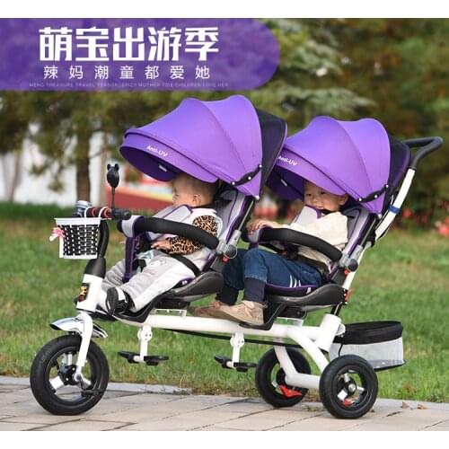 New twins two children tricycle double bike seat baby push pedal carriage stroller, back seat can be lie down