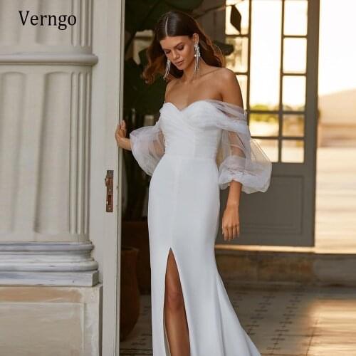 Verngo Charming Off the Shoulder Sweetheart Mermaid Wedding Dress Puff Long Sleeves Tulle Soft Satin Front Slit 2021 Bridal Gown