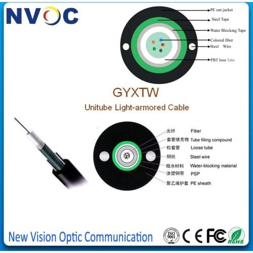 Single Mode G652D 4 cores GYXTW Outdoor Armoured Fiber Optic Cable,Dia:8.0mm,0.8mm Steel Wire,PE Outer Jacket
