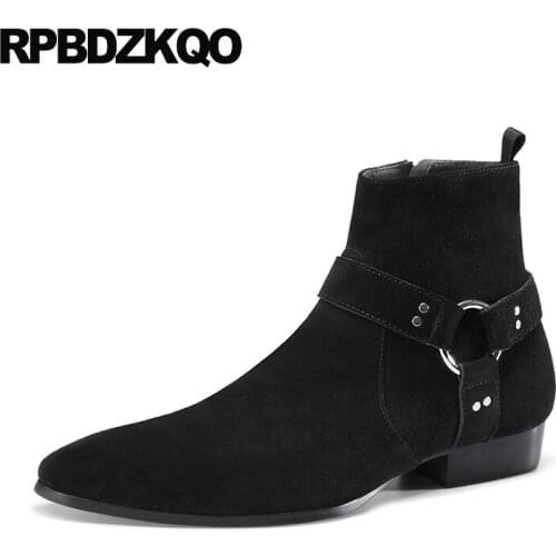 Plus size big harness genuine leather vintage motorcycle boots black shoes suede zipper men riding booties luxury pointed toe