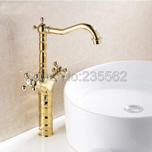 Luxury High Style Dual Handle Swivel Bathroom Basin Faucet Golden Brass Finish Cold and Hot Mixer Kitchen Sink Taps lsf94