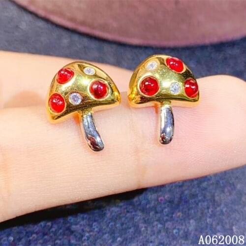 KJJEAXCMY fine jewelry 925 sterling silver inlaid natural ruby ear studs fashion mushroom ladies earrings support testing