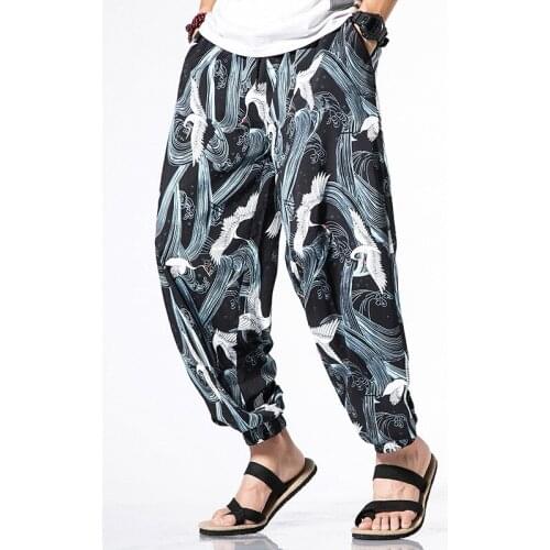 #8087 Summer Japanese Streetwear Casual Vintage Pants Men Printed Black Blue White Retro Joggers Thin Plus Size Hip Hop Pants