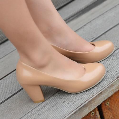 Sianie Tianie Patent PU Leather Cheap Woman Shoes Round Toe Chunky High Heels Womens Office Lady Stilettos Pumps Big Size 33-47