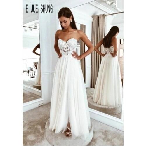 E JUE SHUNG Modest Side Split Wedding Dresses Strapless Backless Lace Appliques Boho Bridal Gowns Beach vestido de noiva