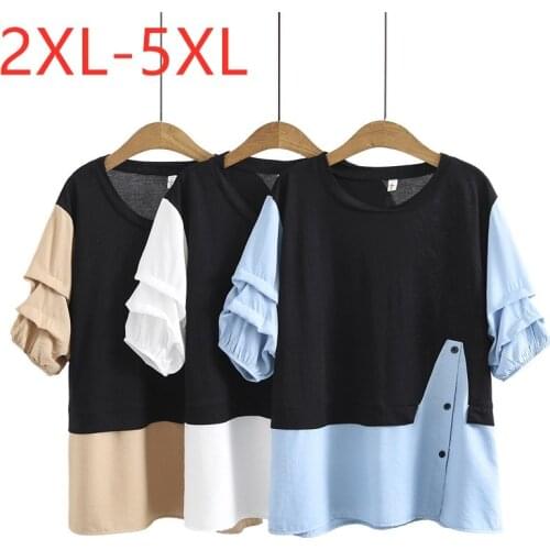 New 2021 summer plus size tops for women large loose short sleeve cotton Button Patchwork O-neck T-shirt 2XL 3XL 4XL 5XL