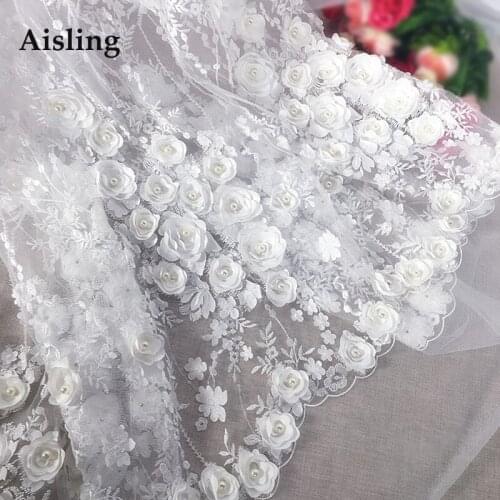 HOT SALE Wedding Dress Lace Fabric 3D Chiffon Flowers Nail Bead High End European Sequine Dembroidered Fabric DIY Materials D500
