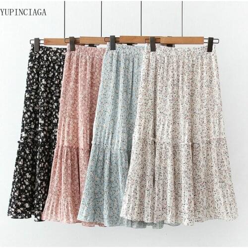 2021 Summer New Women Skirts Harajuku Floral Mid-Length Elastic Waist Ruffled Sweet Skirt 2113870