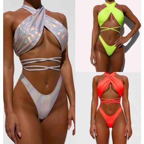 FNOCE 2021 summer womens swimsuits fashion trends solid leather 2-pc suits lace up bikini sexy swimwear beachwear eye catching