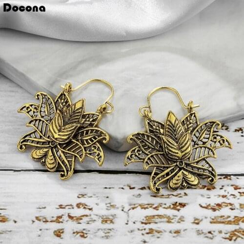 Docona Vintage Antique Sivler Gold Drop Earrings for Women Hollow Geometric Flowers Heart Dangle Earrings Jewelry 3919