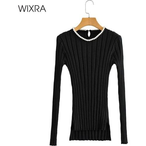 Wixra Womens Sweaters New Fashion O Neck Autumn Winter Pearl Pullovers Tops Korean Style Femme Slim Fit Jumpers