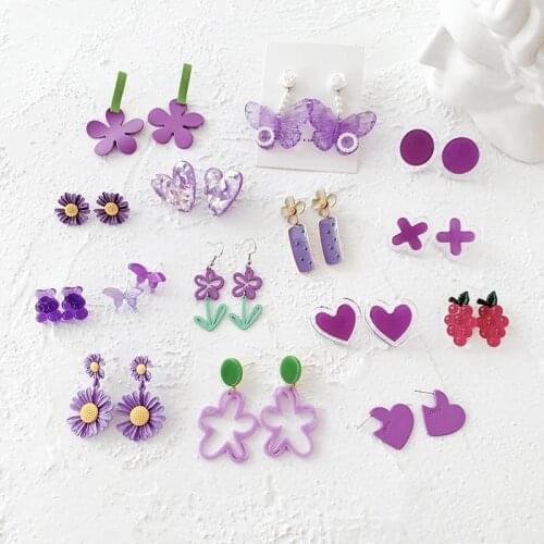2020 Summer Purple Color Glitter Flower Dangle Earrings for Women Girl Heart Butterfly Resin Big Hanging Drop Earrings Jewelry