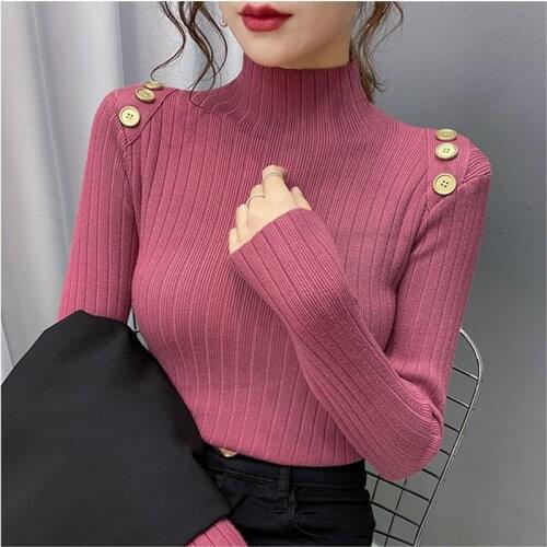 Ladies Autumn Winter Half-high Neck Slim Button Sweater Style Pullover Woman Thickened Inner Style Knitted Bottoming Shirt Tide