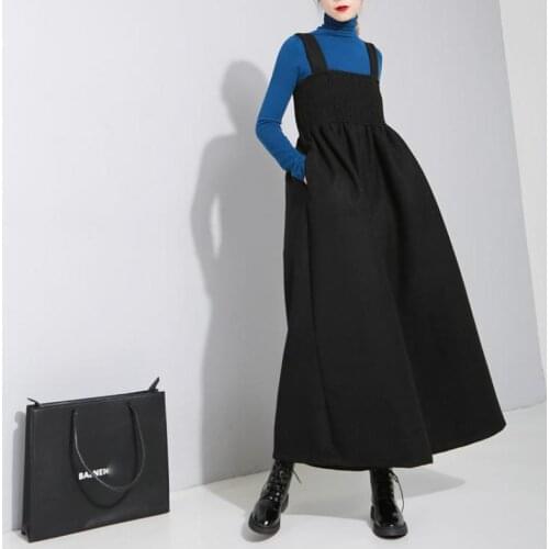 Johnature Autumn Winter 2021 New Vintage Sling Jumpsuit Loose High Waist Full Length Solid Color Simple Wide Leg Women Jumpsuit