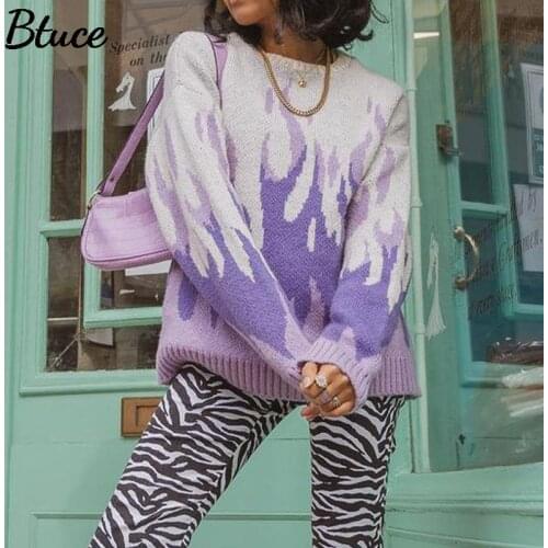 Women Flame Knitted Oversized Sweaters 2021 Y2K Vintage Ladies Jumpers Fashion Long Sleeve Pullover Female Warm Clothing