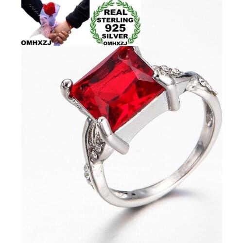 OMHXZJ Wholesale European Fashion Woman Girl Party Wedding Gift Silver Square Red AAA Zircon 925 Sterling Silver Ring RR187