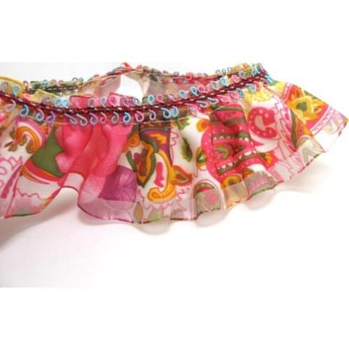 1 5/8 Inch Colorful Floral Pleated Printed Polyester Ribbon with Woven Rosette Trim|Headband Supplies|Hair Embellishment