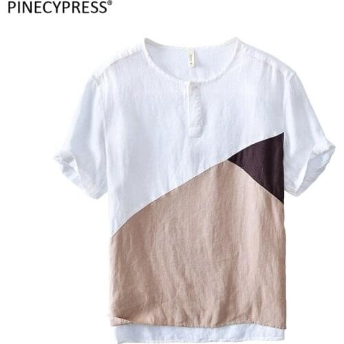 100% Linen Cool Breathable Anti-static Quality Fashion Patchwork Man T Shirt Summer Beach Male Short Sleeve O-neck Men T-shirt