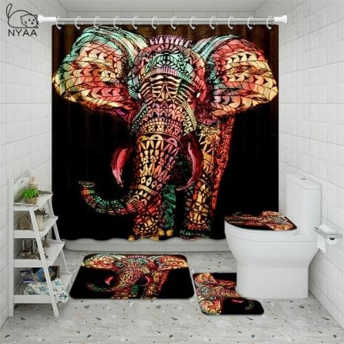 4 In 1 Bathroom Set 180*180CM Shower Curtain Non-slip Bath Mats Carpets African Elephant Printed Pedestal Rug Toilet Seat Cover