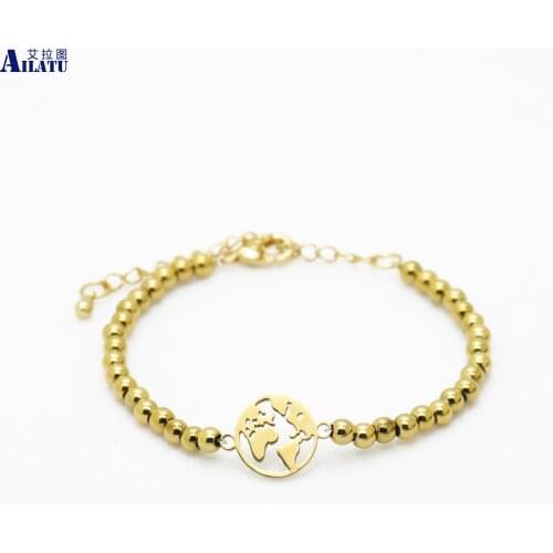 Ailatu New Stainless Steel Link World Map Bracelets Globe Pineapple Coconut Tree Charm Beads Jewelry 4mm Beads
