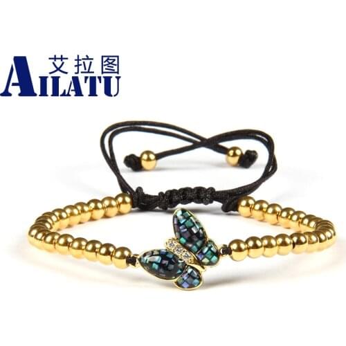 Ailatu Luxury Women Bracelet Clear Cz Abalone Shell butterfly ethnic bangles with 4mm Stainless Steel Beads