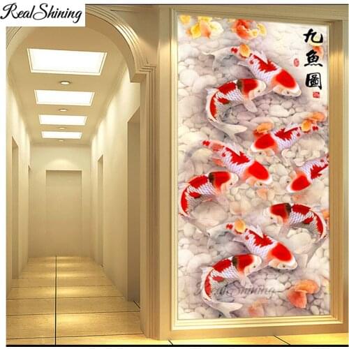 Large size 5D Round Diamond Painting Chinese Nine Koi Fish Full Square Round Embroidery Mosaic Cross Stitch Handmade Giftd F124